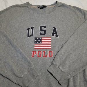 Vintage 90s Polo Ralph Lauren USA Flag Crewneck Sweatshirt Gray Spellout XL